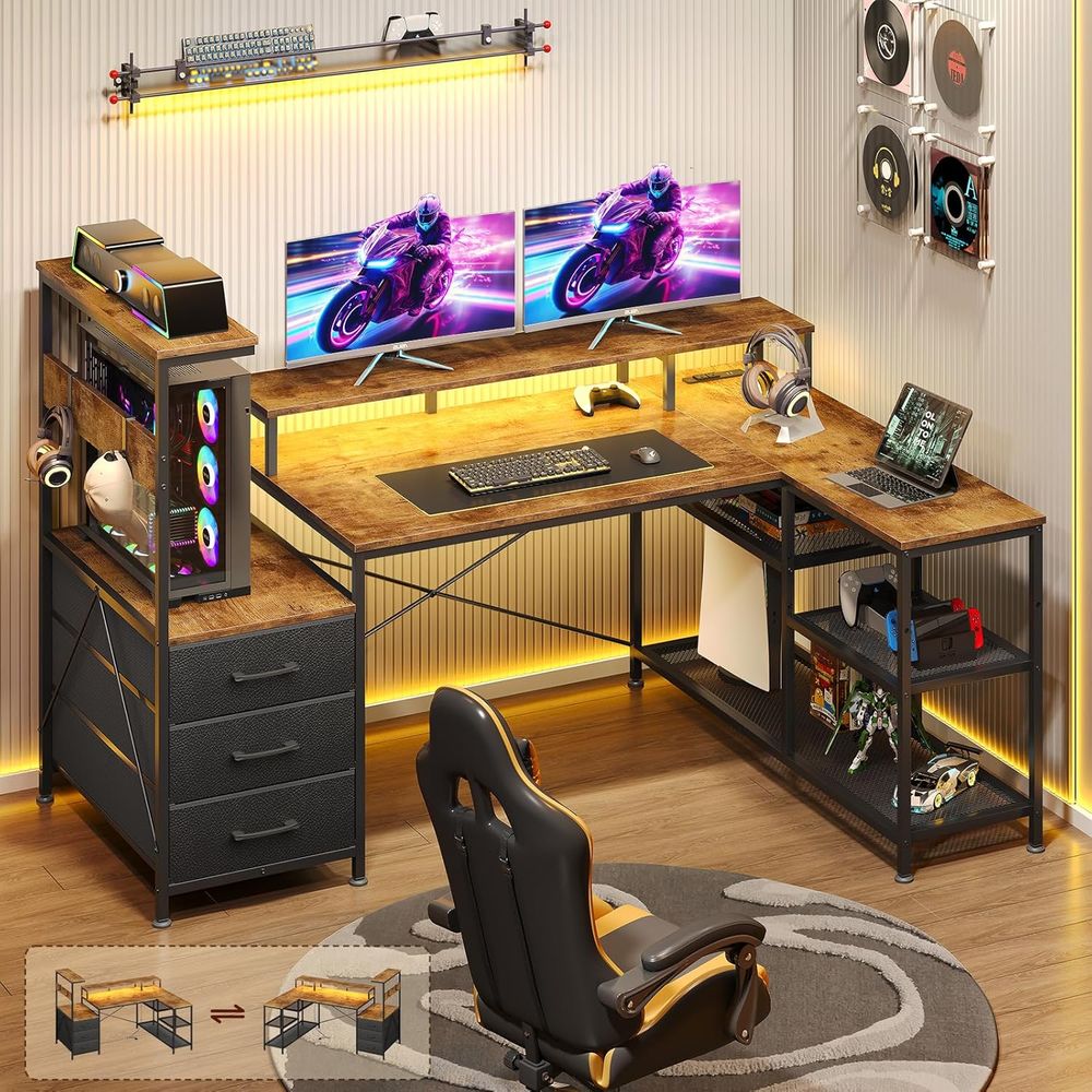 Monitor Stand - L-vormig gamingbureau met laden, opbergruimte, stopcontacten,